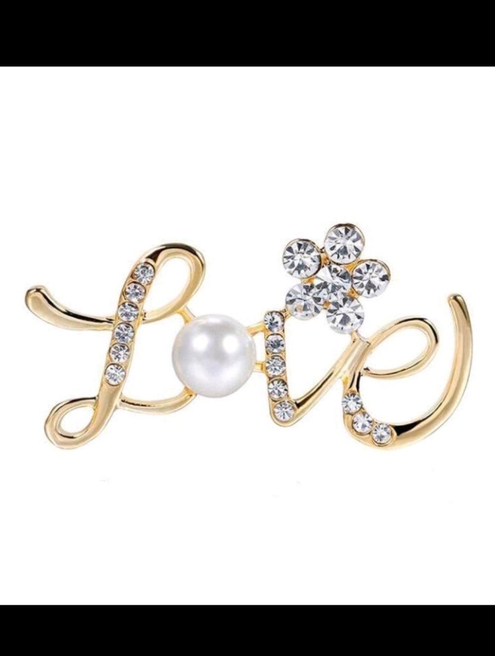 Golden 'Love' Script Rhinestone Faux Pearl Brooch Pin